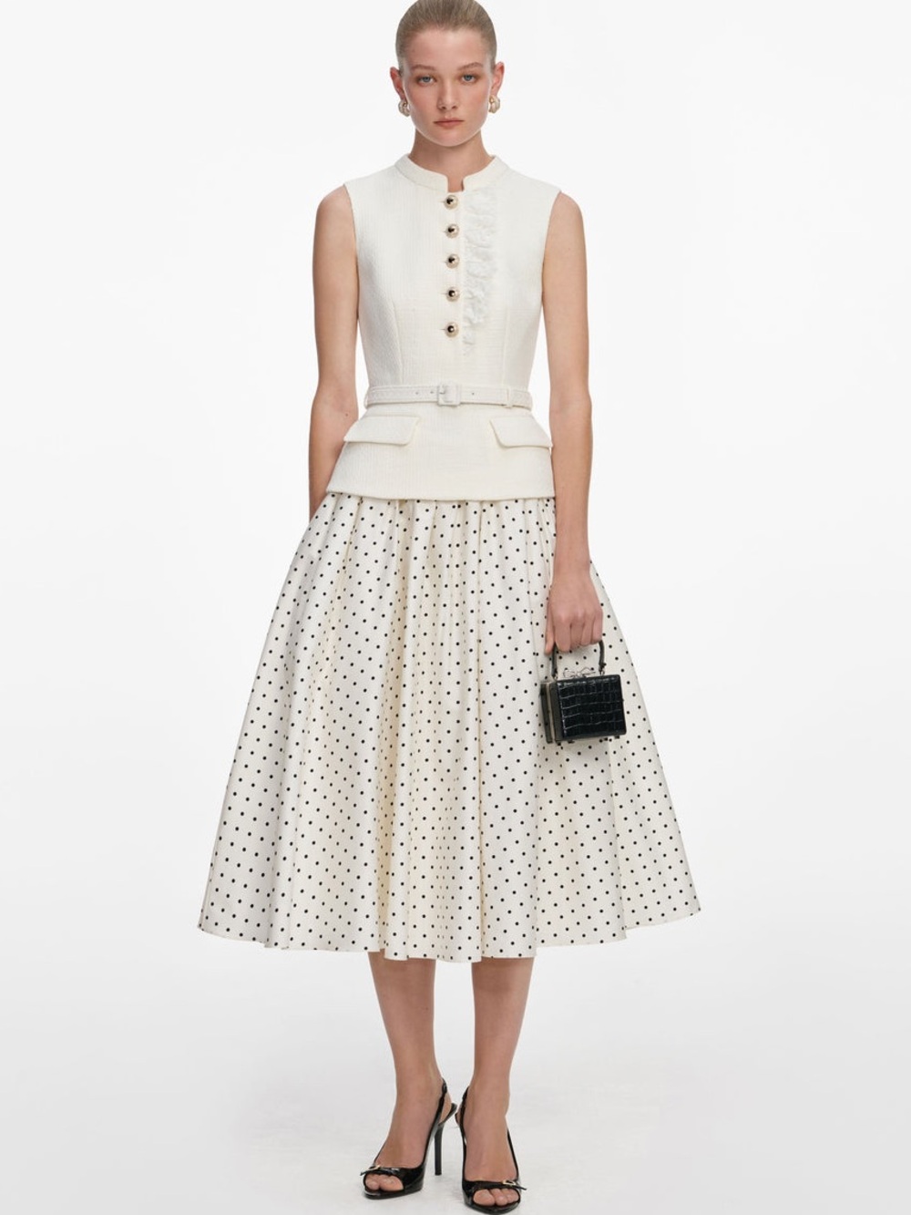 NWOT Self-Portrait Cream Boucle Polka Dot Midi Skirt - Picture 4 of 16